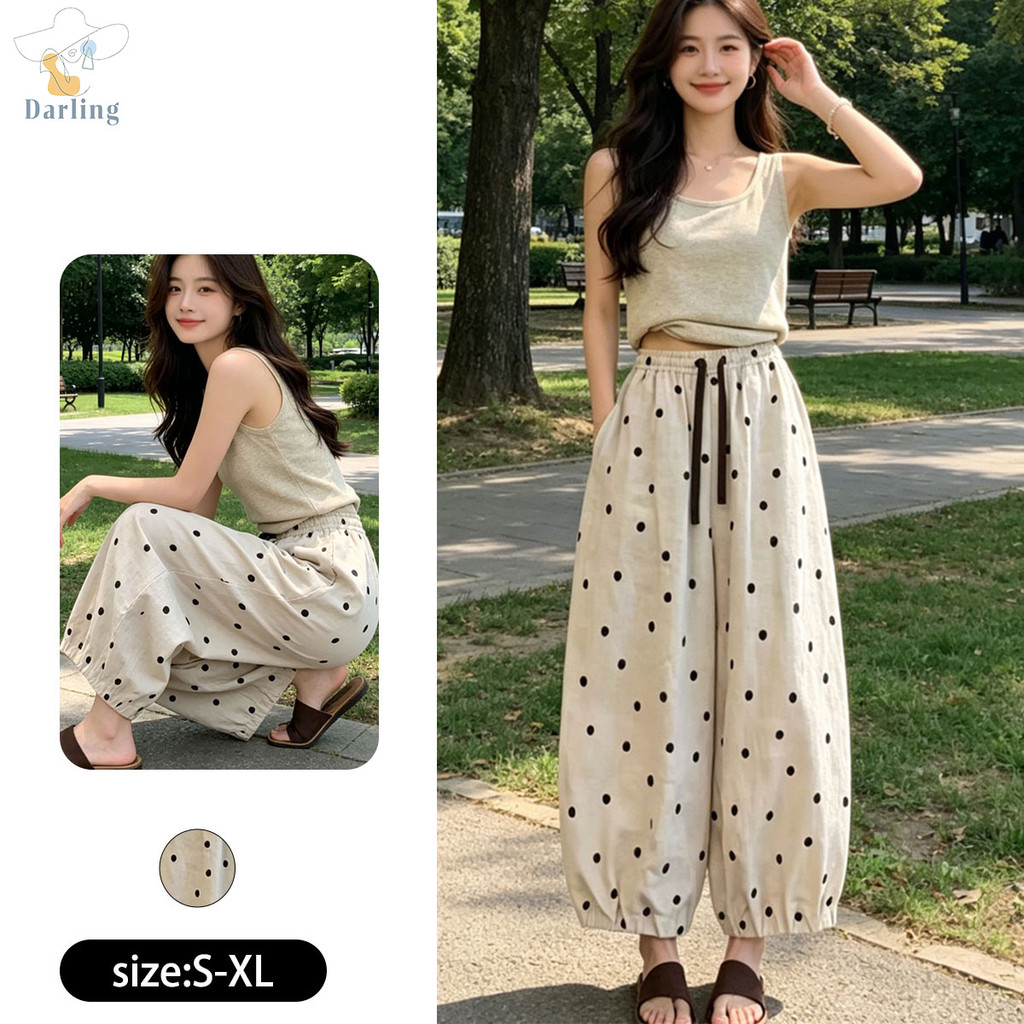 กางเกงขายาวหญิง รุ่นใหม่ ลายจุด ผ้าลินิน เอวสูง ขา 9 ส่วน ทรงฮาเร็ม พรางหน้าท้อง