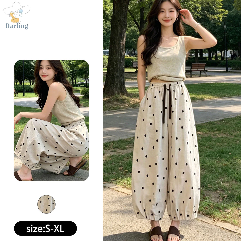 กางเกงขายาวหญิง รุ่นใหม่ ลายจุด ผ้าลินิน เอวสูง ขา 9 ส่วน ทรงฮาเร็ม พรางหน้าท้อง