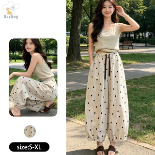 กางเกงขายาวหญิง รุ่นใหม่ ลายจุด ผ้าลินิน เอวสูง ขา 9 ส่วน ทรงฮาเร็ม พรางหน้าท้อง