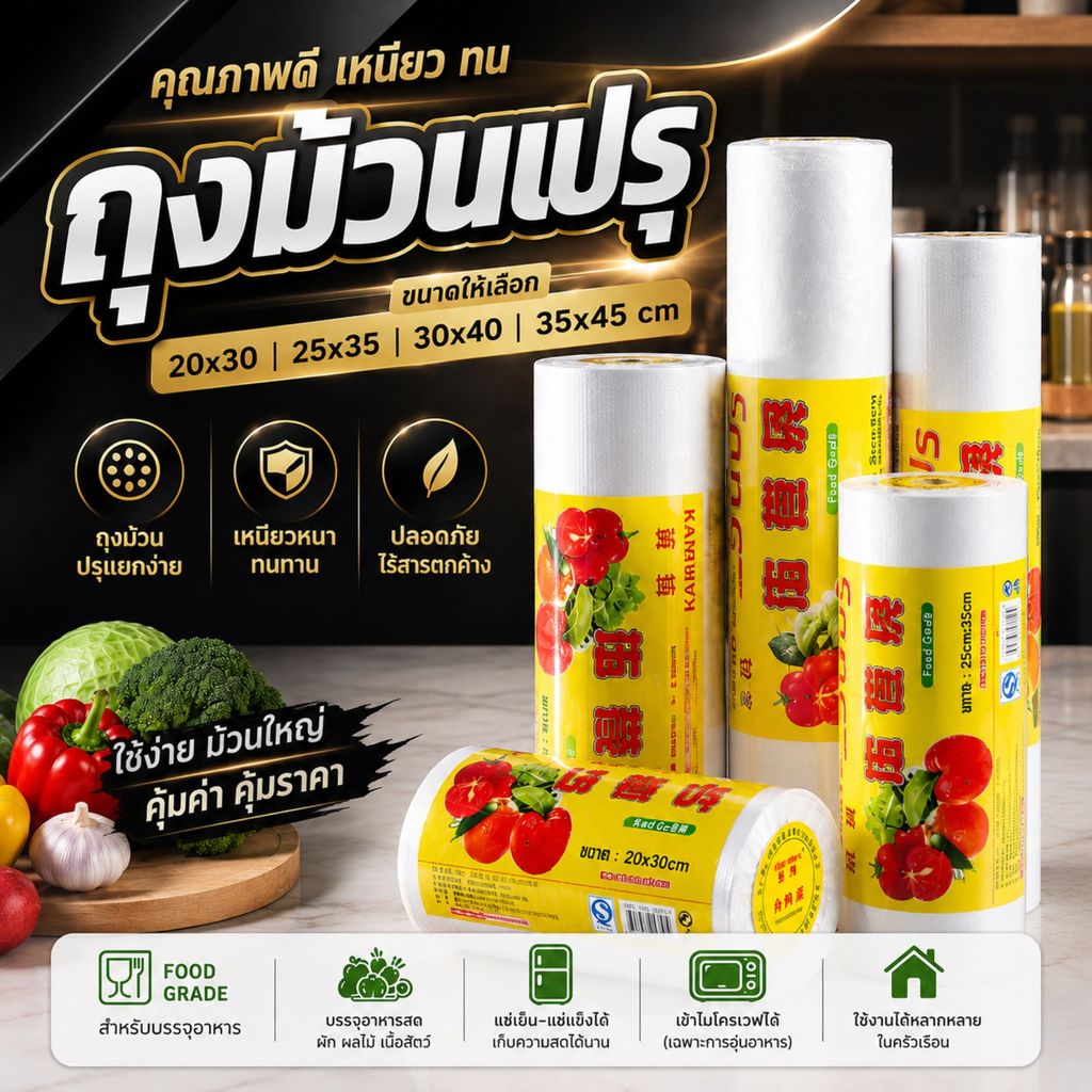 ถุงม้วนปรุ ถนอมอาหาร เนื้อเหนียว ฉีกยาก ไม่ขาดง่าย ใส่ผักผลไม้อาหาร มี 4 ไซส์ให้เลือก