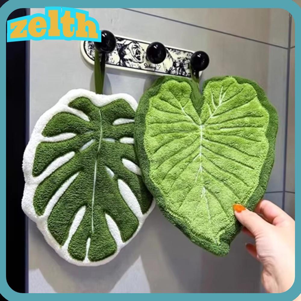 ZELTH ผ้าเช็ดมือ, Coral Velvet หนาผ้าเช็ดหน้าห้องครัว,คุณภาพสูงแขวนดูดซับน้ําการ์ตูน Leaf Hand Wipe Kitchen