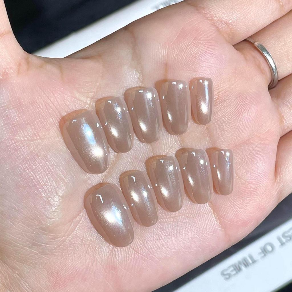 A469-01 10 ชิ้นต่อชุด เล็บปลอมสำเร็จรูปงานมือ สีนู้ดขัดผงออโรร่าลูกแก้ว เรียบหรูดูแพงและแมตช์ง่ายที่สุด