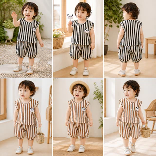 ชุดเซ็ตเด็ก เสื้อแขนกุดลายทาง + กางเกงขาสั้น ผ้าเบาใส่สบาย สำหรับเด็ก 0-7 ปี