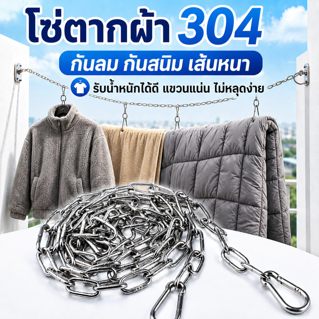 โซ่ตากผ้า สแตนเลส304 เชือกตากผ้ากันลม กันสนิม เส้นหนา3มม. พร้อม2ตะขอ ตากผ้า ผ้าห่ม ระเบียงคอนโด ราวแขวนผ้า แข็งแรง COD