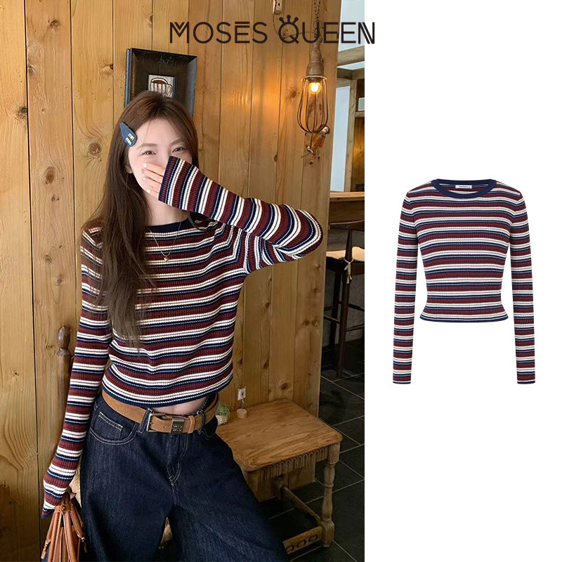 MOSESQUEEN เสื้อสูงสุดแบบคอเปียก ลายเส้นดินเผา รูปแบบสกรีน ผ้าบาง ตัวเตี้ย แขนยาว สำหรับผู้หญิง รูปแบบเรโทร ใส่สบายในชีวิตประจำวัน เหมาะสำหรับเดินทางทั่วเมือง ใช้ได้ทั้งในและนอกบ้าน #59895
