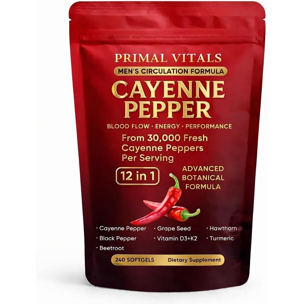 Primal Vitals Cayenne Pepper Softgels - 12-in-1 โบทานิคอลผสมเมล็ดองุ่น, ฮอว์ธอร์น, ขมิ้น, บีทรูท, พร