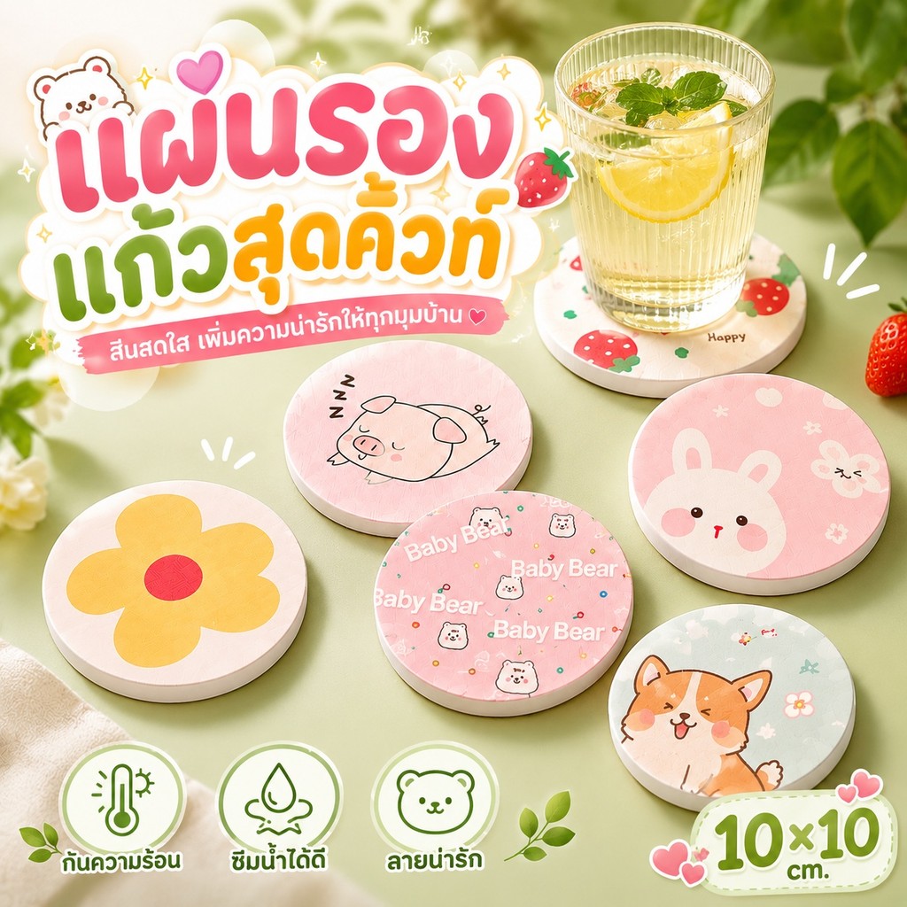ที่วางแก้วลายการ์ตูน 🍓🐷 ซิลิโคนกันร้อน ✨ ป้องกันน้ำร้อนลวกโต๊ะ 🛡️ น่ารัก 6 ลายให้เลือก 🎨S00211