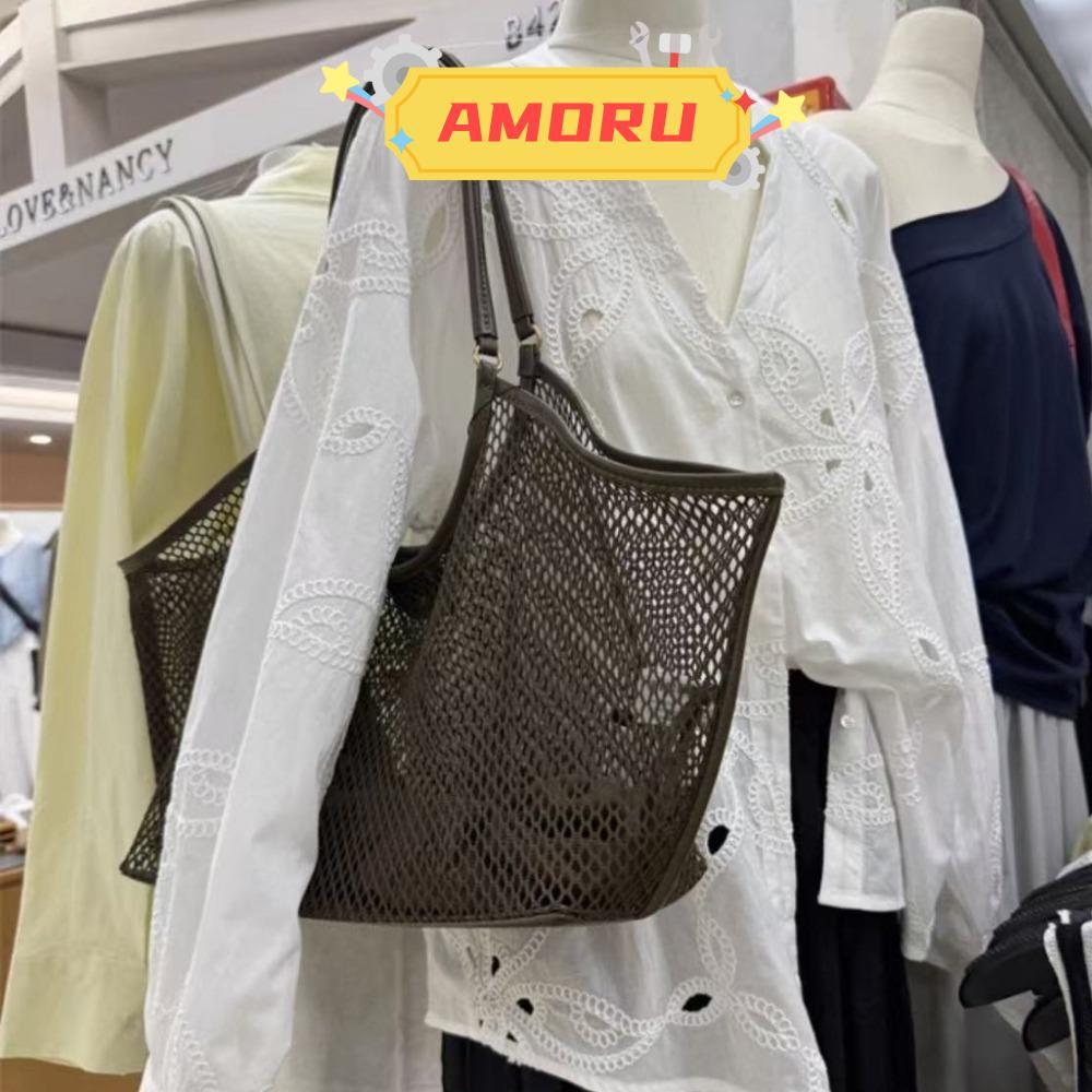 AMOR12U7 กระเป๋าเดินทาง, หนัง PU Hollowed Out Mesh Beach Bag, ความจุขนาดใหญ่พร้อมหัวเข็มขัด Shopper 
