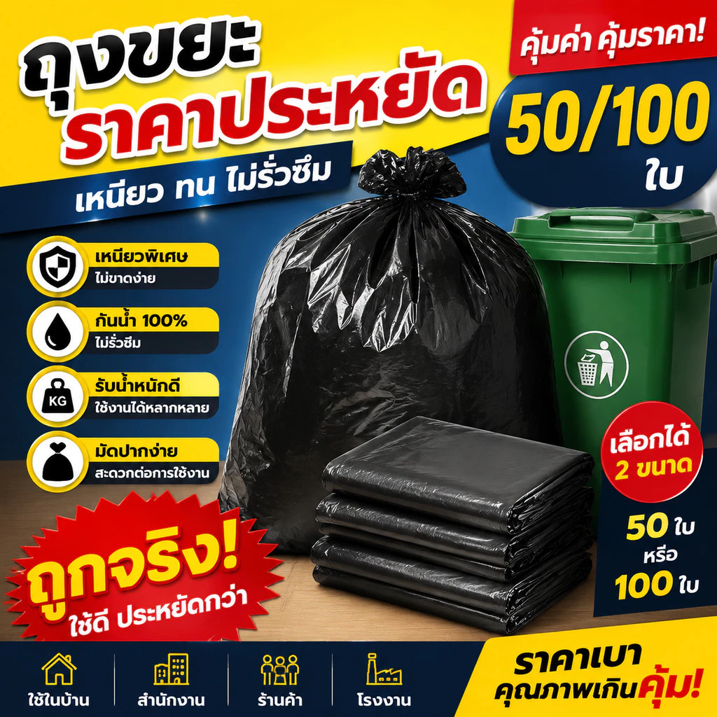ถุงขยะ ถุงขยะดำ ถุงดำ ถุงขยะ ถุงขยะดำ เหนียว ทน มี5ขนาด 1แพ็ค50ใบ-812