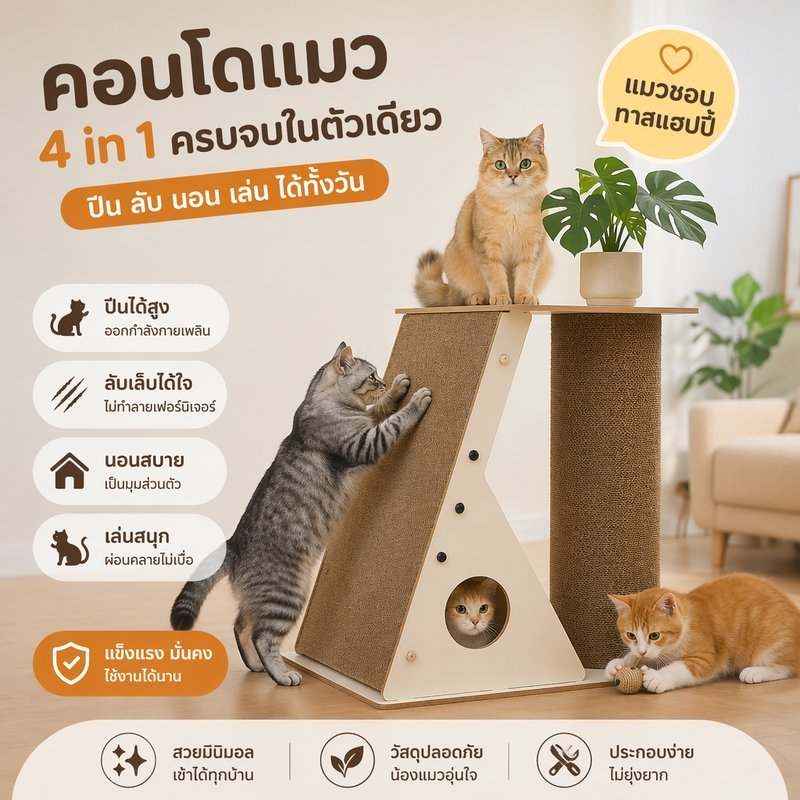 คอนโดแมว ที่ลับเล็บแมว บ้านแมว 4in1 รังแมว แผ่นเกาแมว กระดาษลูกฟูก แมวหลายตัว ประกอบง่าย