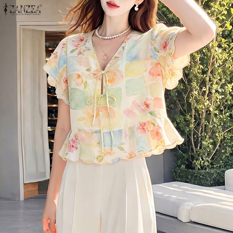 ZANZEA ผู้หญิงเกาหลี Elegant Art ความงาม V คอ Ruffle แขน Tie-Up Bows ดอกไม้พิมพ์ A-Line เสื้อ — صورة 4