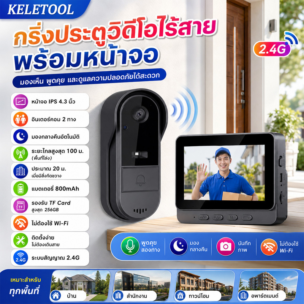 กริ่งประตูไร้สายพร้อมกล้องและอินเตอร์คอม ออดวิดีโอพร้อมหน้าจอ รุ่นกลางคืน วิดีโอพูดสองทางระยะไกล