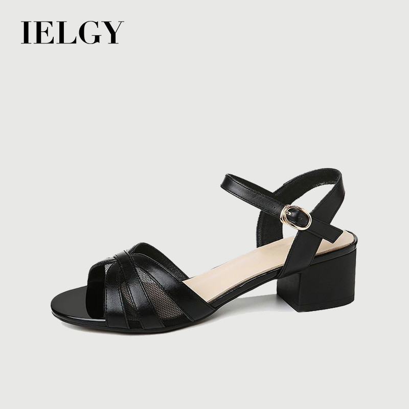 IELGY 2026 แฟชั่นฤดูร้อนระบายอากาศสีเบจรองเท้าแตะส้นกลางสําหรับผู้หญิง