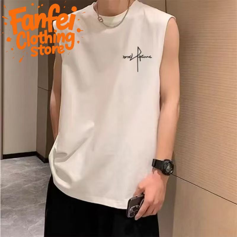 COD จัดส่งตลอด 24 ชั่วโมง Fanfei เสื้อกล้ามผู้ชาย สไตล์สปอร์ต ลายศิลปะ ผ้าฝ้ายแท้ ระบายอากาศดี