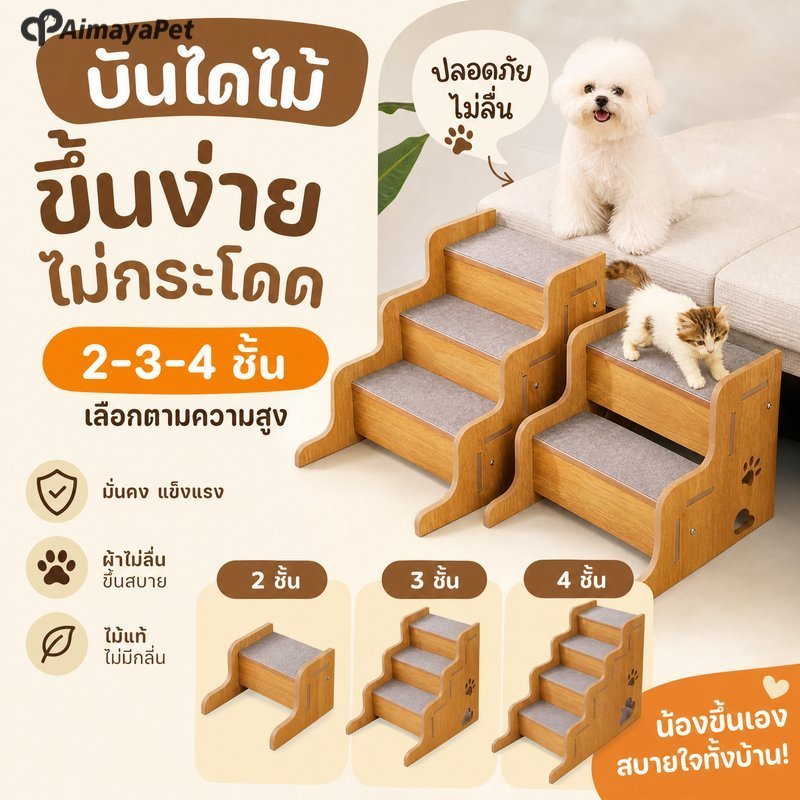 AimayaPet บันไดสัตว์เลี้ยง บันไดสุนัข บันไดแมว 2 3 4 ชั้น ไม้เนื้อแข็ง ผ้าฝ้ายนุ่ม ปีนขึ้นลงง่าย
