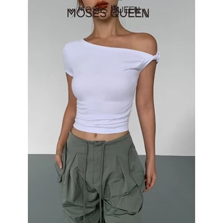 MOSESQUEEN สีดําคอเฉียงเสื้อยืดปิดไหล่ผู้หญิง ฤดูร้อนใหม่ออกแบบสลิมฟิตสั้นไหล่เฉียงด้านบน #62823