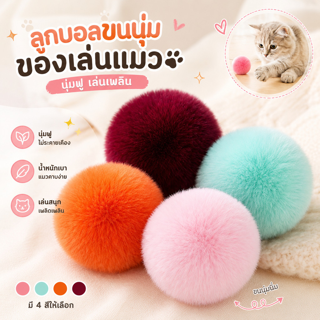 ลูกบอลขนฟู ของเล่นแมว นุ่มนิ่ม สัมผัสสบาย ของเล่นสัตว์เลี้ยง แก้เบื่อ พร้อมส่ง