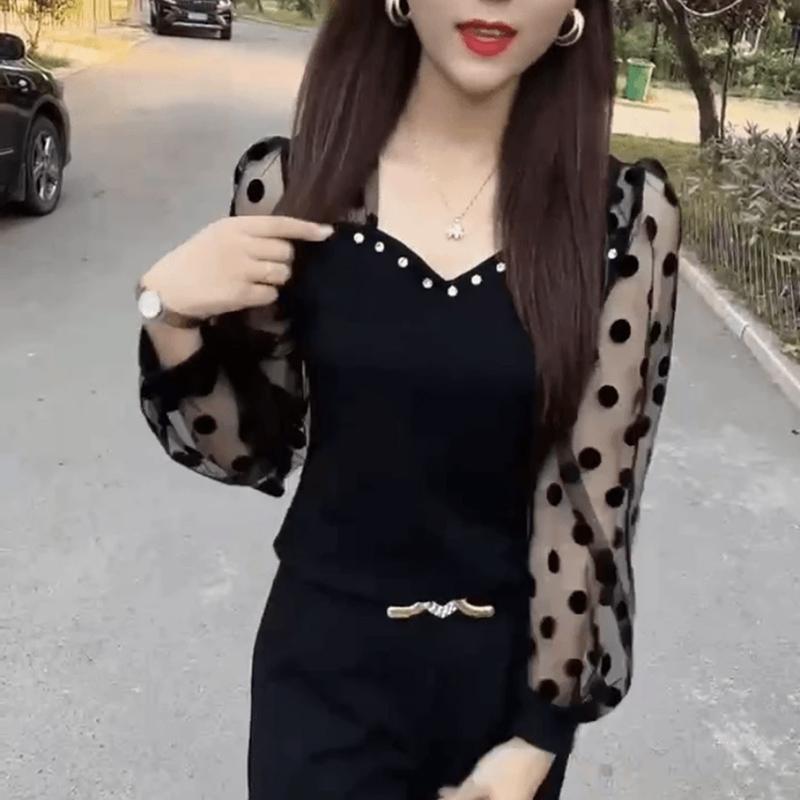 Women's Polka Dot Blouse V-neck Long-sleeved Casual T-shirt, 2026 New Style, Fashionable and Versatile Plus Size Top