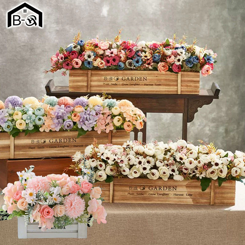 BHQ ดอกไม้ปลอม บอนไซประดิษฐ์ พร้อมถาดไม้ สำหรับตกแต่งบ้าน ออฟฟิศ ห้องน้ำ ระเบียง สวน