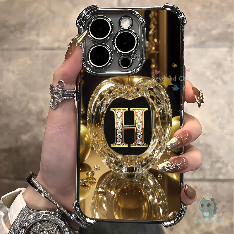 เคส iPhone คริสตัลสีทองรูปตัว H สี่มุมป้องกันการตกสําหรับ Iphone 17 11 12 13 14 15 16 Pro Max Plus