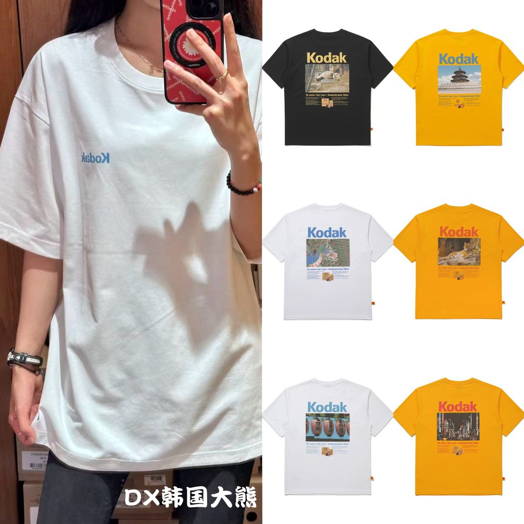 ฤดูร้อนรอบคอระบายอากาศสไตล์ใหม่ KODAK ผ้าฝ้ายแท้ City พิมพ์เสื้อยืดแขนสั้นพิมพ์สัตว์