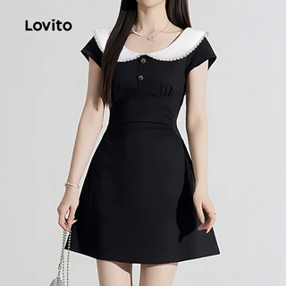 Lovito เดรสผู้หญิงสไตล์เพรปปี้ สีดํา ลายสีบล็อก เหมาะสําหรับใส่ไปทํางานหรือเดินทางในฤดูใบไม้ผลิและฤดูร้อน เกาหลี อินเทรนด์ LK5AD185