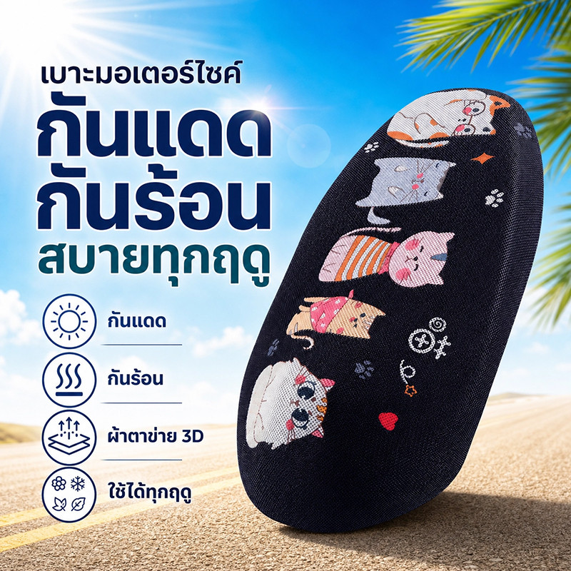ผ้าหุ้มเบาะมอเตอร์ไซต์ แดด กันความร้อน ตาข่ายระบายอากาศแบบ 3D ใช้ได้ทั้งสี่ฤดู ลายน่ารักหลายแบบ