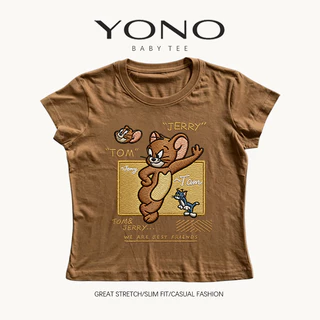 (พร้อมส่ง24ชม.) baby tee สีครีม ลายการ์ตูนแมวหนูวินเทจ ทรงเข้ารูป สไตล์อเมริกันน่ารัก ใส่สบายแมตช์ง่าย