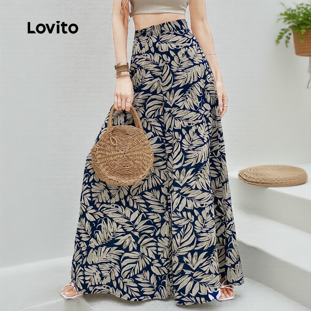Lovito โบโฮ กางเกงซิปลายทรอปิคอล สไตล์โบฮีเมียน สําหรับผู้หญิง รหัส L131ED552