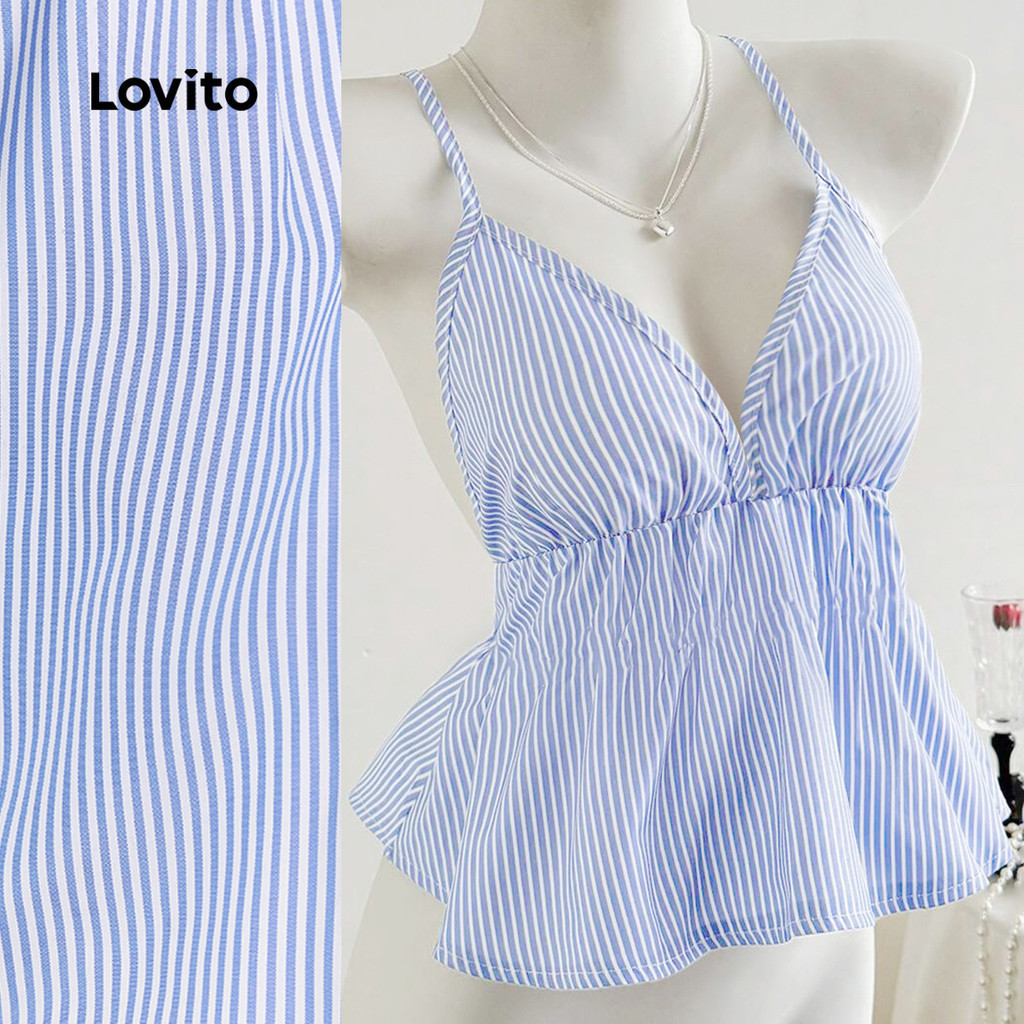 Lovito เสื้อลำลองเซ็กซี่ คอผูกด้านหลัง ดีไซน์จับจีบ เนื้อผ้าเรียบลื่น สัมผัสดี เหมาะสำหรับฤดูใบไม้ผลิ/ฤดูร้อน สีฟ้า สำหรับผู้หญิง L139AD351