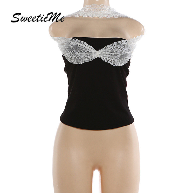 SweeticMe เสื้อสตรี 2026 ใหม่แฟชั่นสีตัดกันลูกไม้ Splicing Halter Camisole — صورة 7