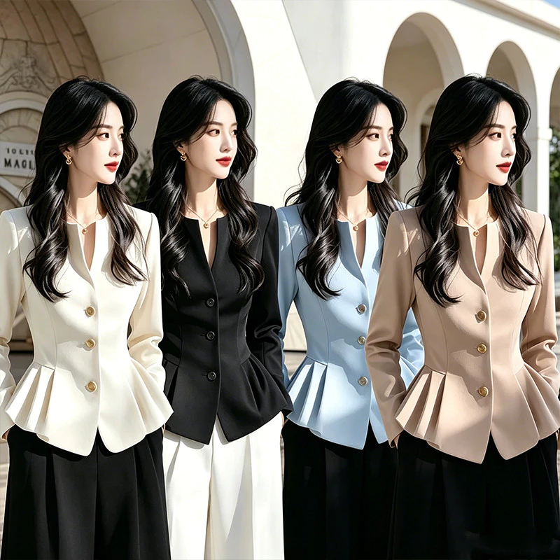 993เสื้อเชิ้ตแขนยาวฤดูใบไม้ร่วงใหม่ มีแผ่นรองไหล่ตรง ปลายกระโปรงพับลายกลีบดอก สไตล์ฝรั่งเศส รัดเอว แบบสั้น เสื้อคลุมสตรี