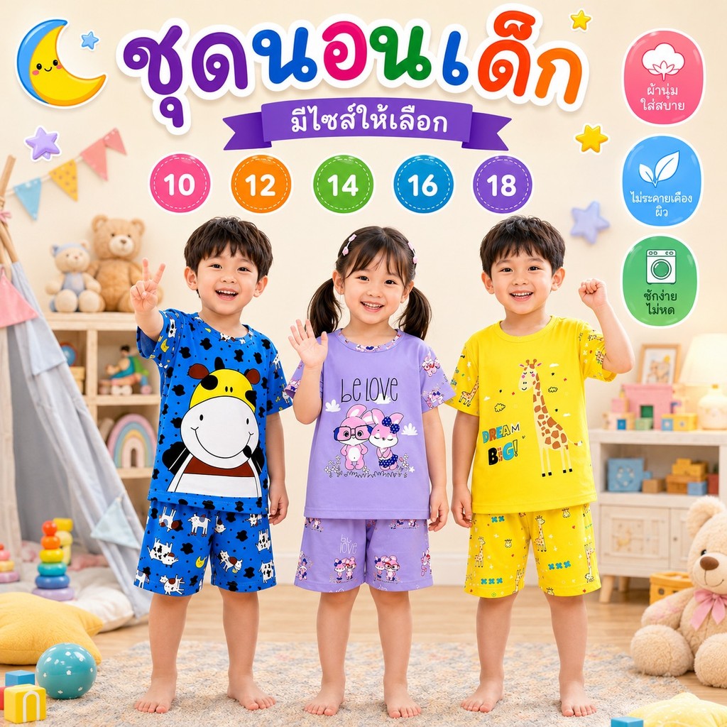 💗YUI💗ชุดนอนเด็ก เเขนสั้น-ขาสั้น เลือกลายได้ มีไซส์ให้เลือก พร้อมส่ง #ZN14