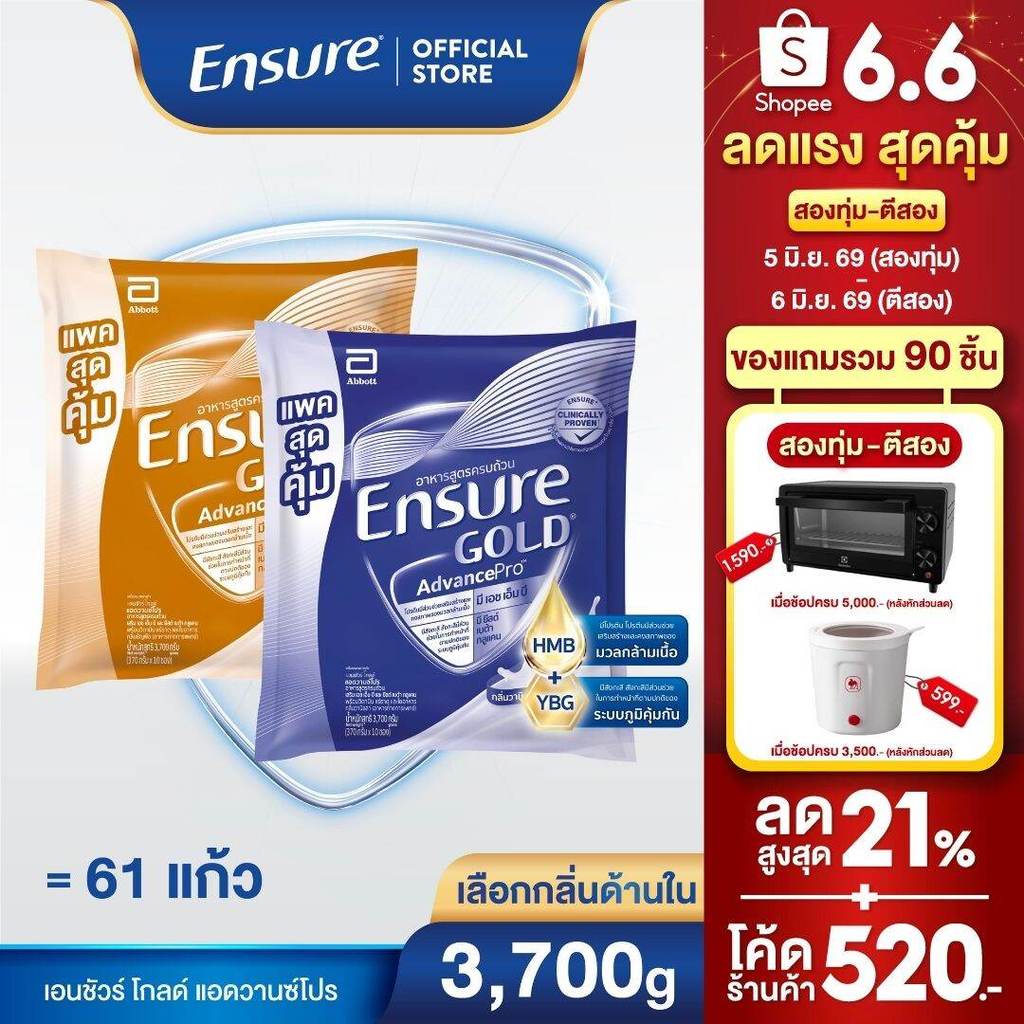 [เลือกกลิ่นเลย][ขนาดใหม่]  เอนชัวร์ โกลด์ แอดวานซ์โปร ถุงเติม 3,700g  Ensure Gold AdvancePro Sachet 3,700g