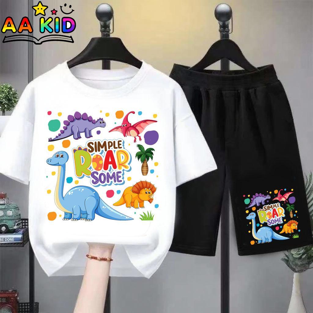 [COD] ใหม่!!! รุ่นล่าสุด ชุดเด็ก ลายไดโนเสาร์สีสันสดใส ดีมาก!!เสื้อยืดแขนสั้น กางเกงขาสั้นสีดำ 2 ชิ้น ใส่สบาย ระบายอากาศ