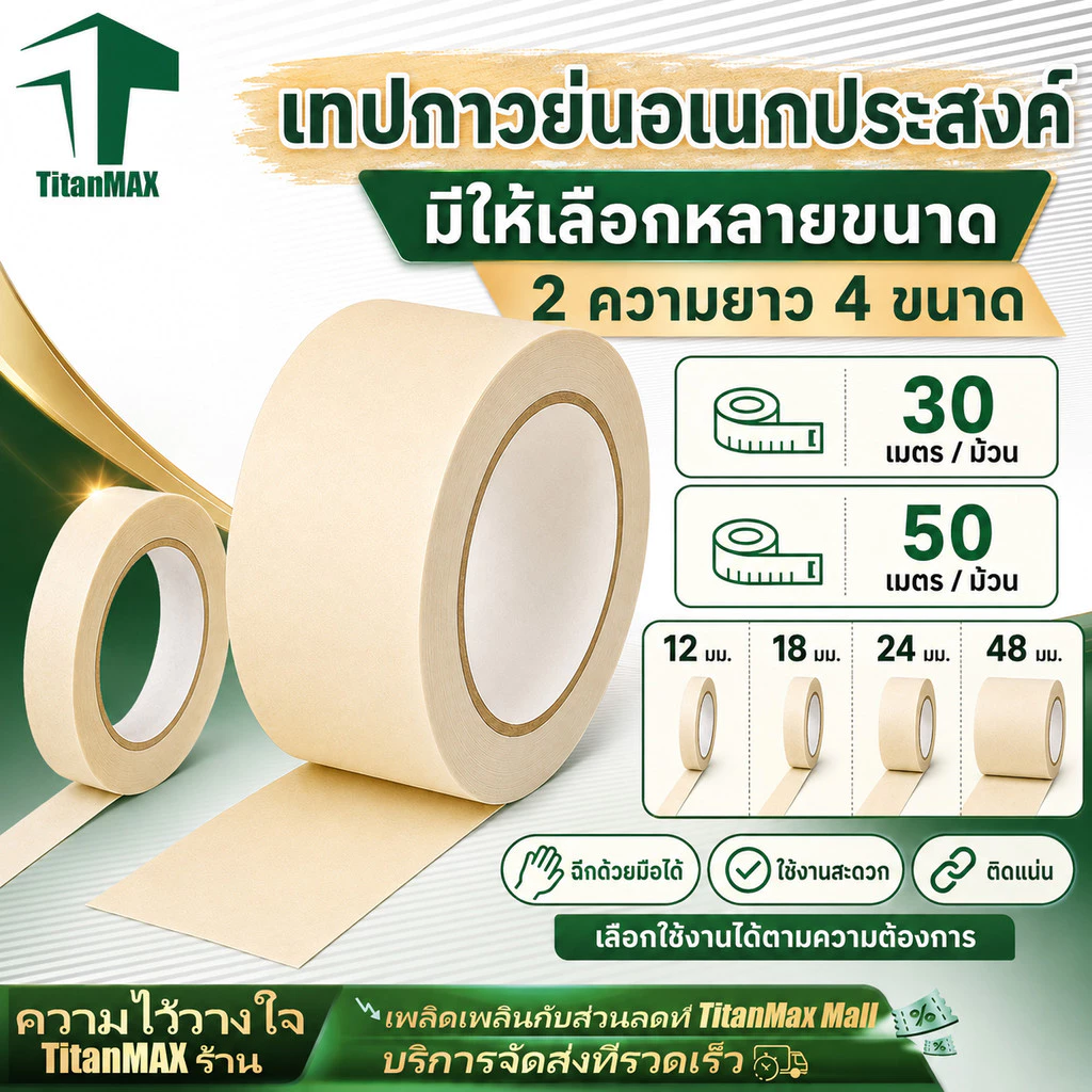 เทปกาวย่น Masking Tape เทปย่นพ่นสี กระดาษกาวย่น 30/50 หลา ขนาด 12 18 24 48มม เทปหนังไก่ ฉีกได้ เขียนได้ กันซึม งานทาสี