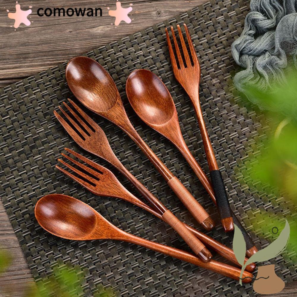 ช้อนไม้ COMOWAN ส้อมไม้ทํามือธรรมชาติ ช้อนซุปข้าว อุปกรณ์ครัว