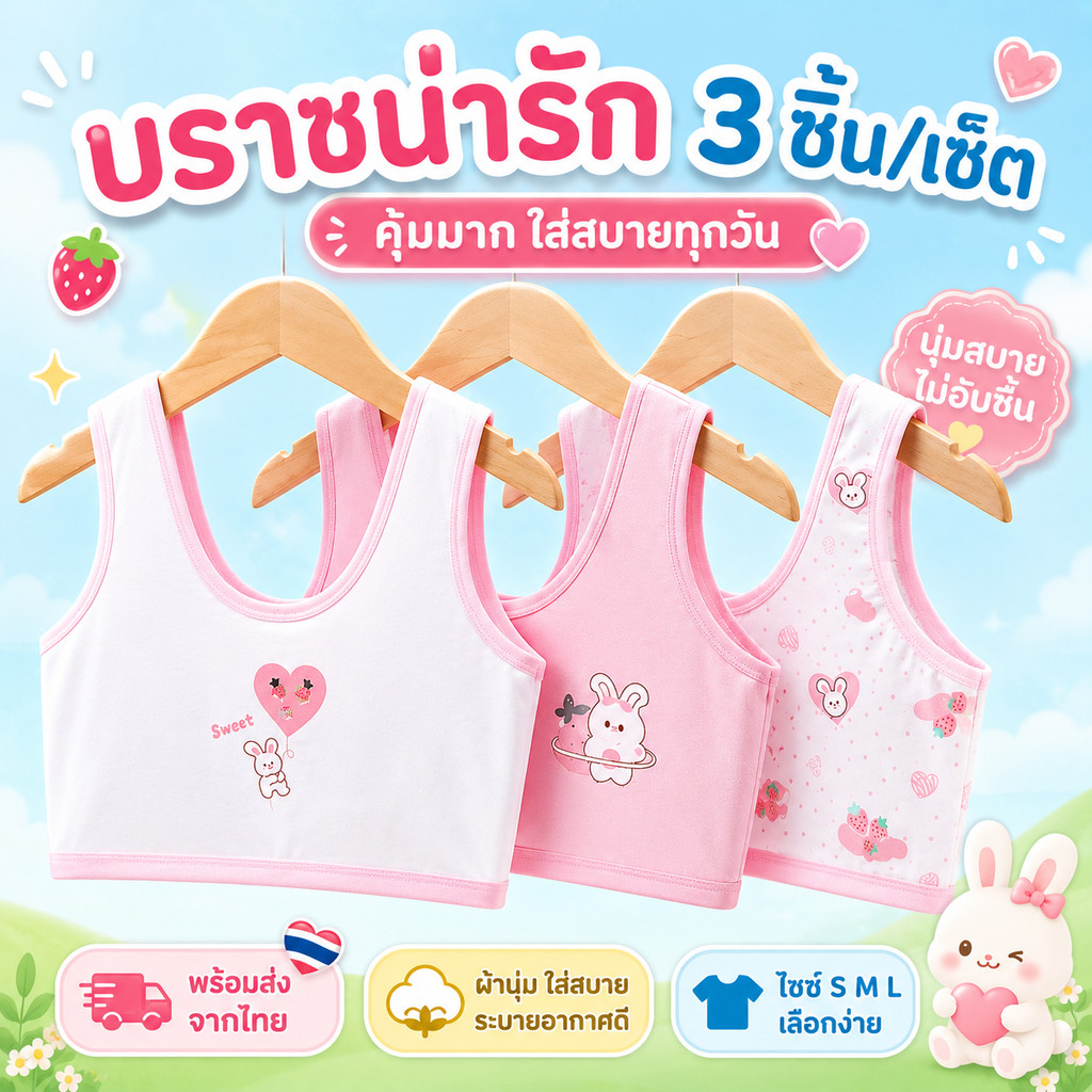 เสื้อกล้ามบราเด็กหญิง ผ้านุ่มพิเศษ ไม่รัดแน่น ไร้โครง ระบายอากาศดี ใส่สบายตลอดวัน อายุ 6-15 ปี
