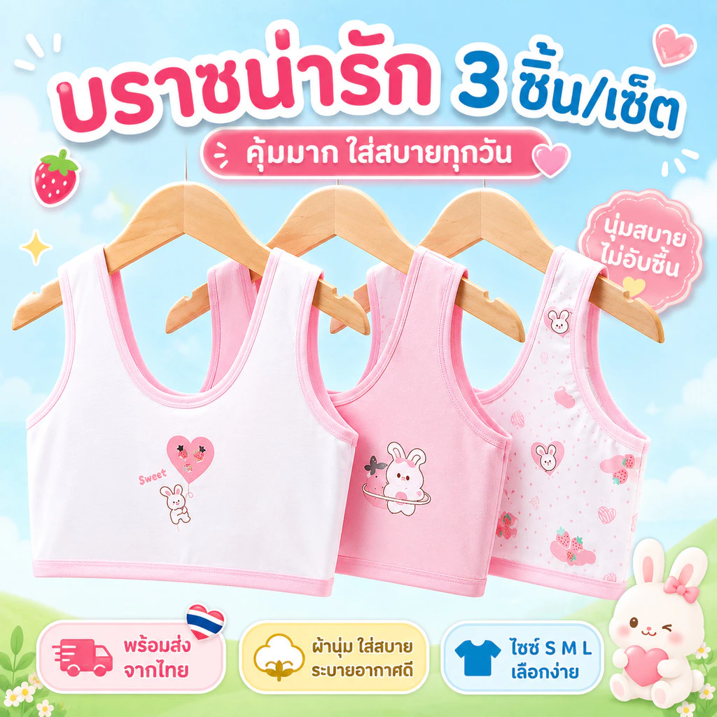 เสื้อกล้ามบราเด็กหญิง ผ้านุ่มพิเศษ ไม่รัดแน่น ไร้โครง ระบายอากาศดี ใส่สบายตลอดวัน อายุ 6-15 ปี