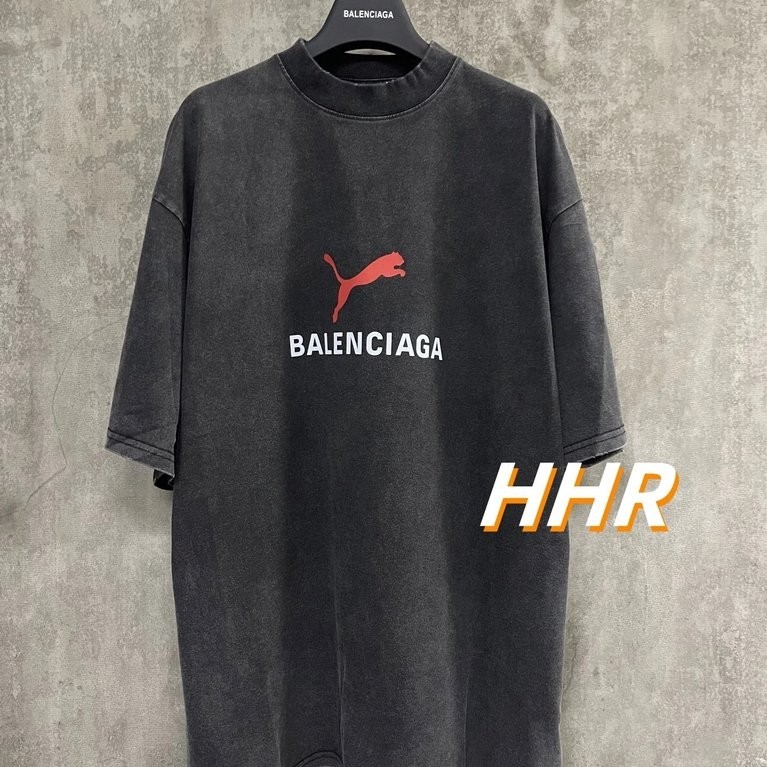 [รุ่นที่ถูกต้อง] Balenc1ag @/Paris Co-Branded Series 25ss โลโก้พิมพ์รอบคอแขนสั้นเสื้อยืด Casual All-