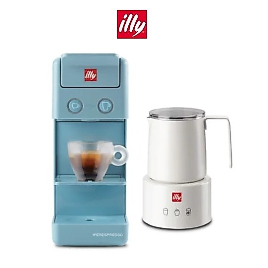 Y3.3 iperEspresso Coffee Machine (Light Blue) + illy Electric Induction Milk Frother (White)