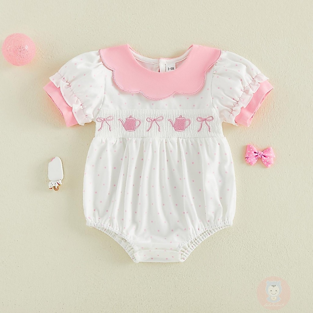 LAA6-เด็กทารก Romper ฤดูร้อน Contrast Scalloped Edge ตุ๊กตาคอปกแขนสั้น Dot พิมพ์โบว์เย็บปักถักร้อยบอดี้สูท