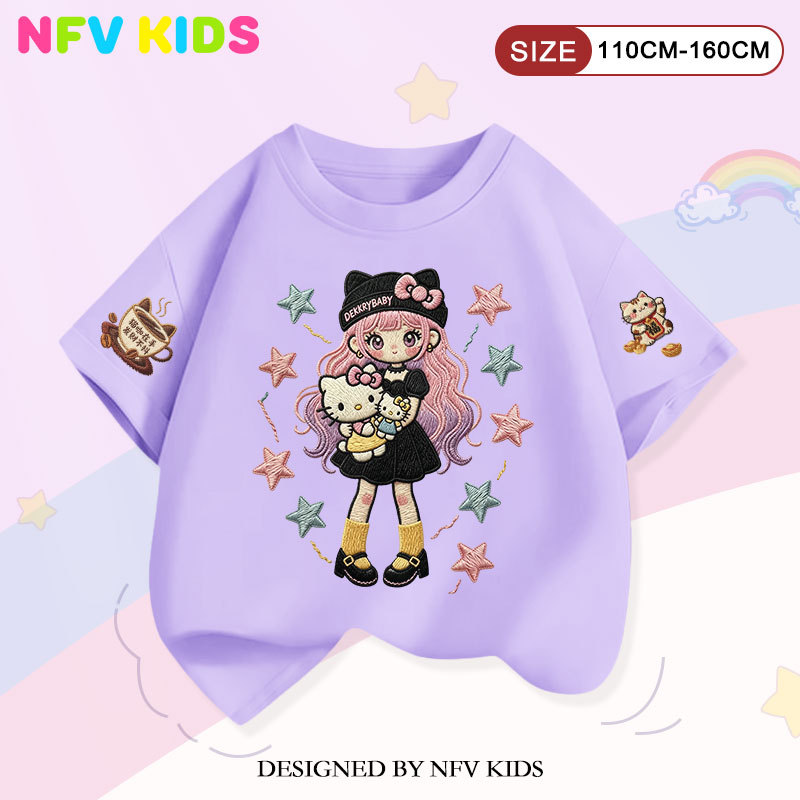 【พร้อมส่ง&COD】NFV KIDS เสื้อยืดแขนสั้นเด็ก💜ผ้าหนายับยากรีดง่าย ใส่สบาย ระบายอากาศ ลายพิมพ์การ์ตูนหญิง ผ้าฝ้าย YG5548
