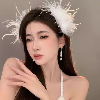 (duyonglinfff) กิ๊บติดผมขนนกสีขาว Super Fairy Headdress งานแต่งงานภาพทุกวันบุคลิกภาพขนนกหวาน Barrettes อุปกรณ์เสริมผมใหม่