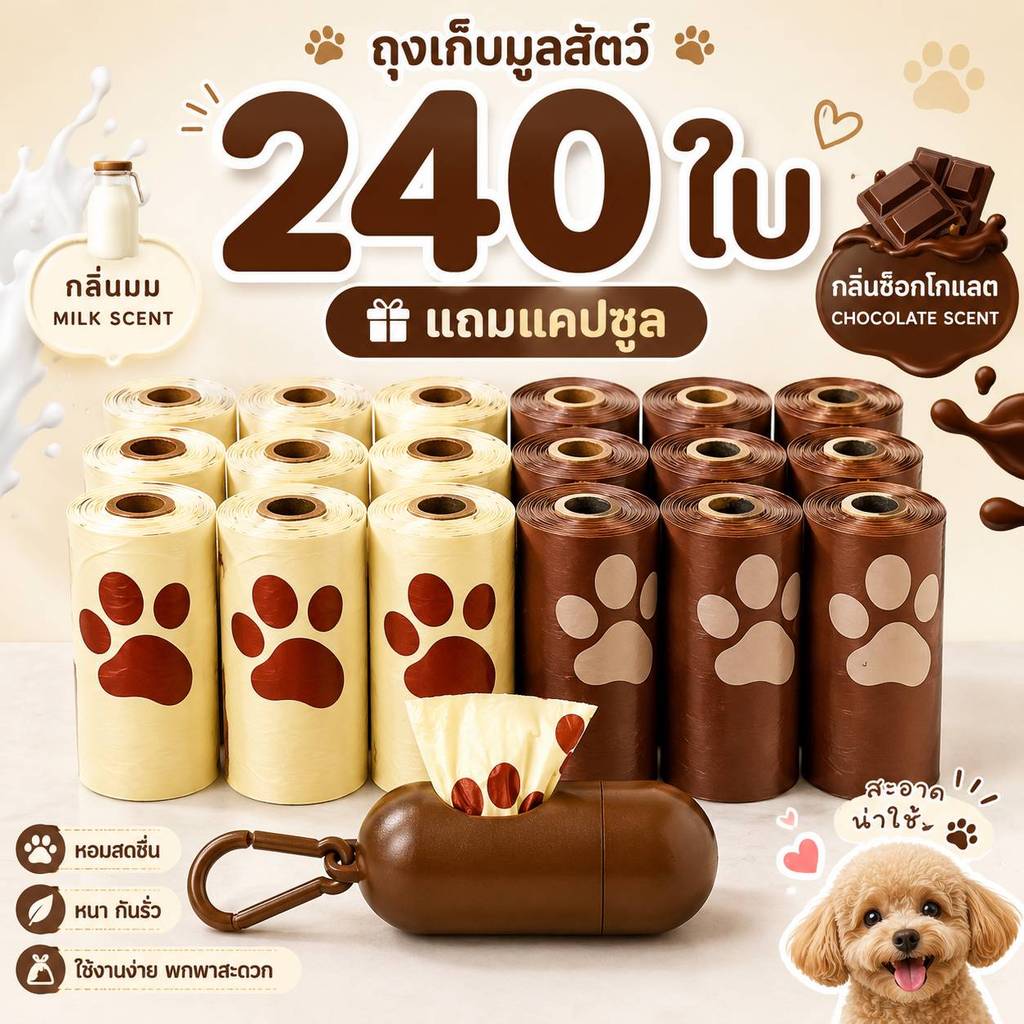 ถุงเก็บมูลสัตว์ ถุงเก็บอึสุนัข กลิ่นนม/ช็อกโกแลต ย่อยสลายได้ พร้อมแคปซูลพกพา สำหรับพาสุนัขเดินเล่น ราคาส่ง