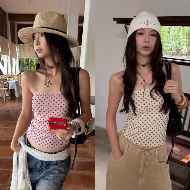 **ดูรายละเอียดก่อนสั่ง/ผ้าบาง!**BY0578 เสื้อเกาะอกซีทรูผ้าลายจุด ซัมเมอร์ลุค benly co