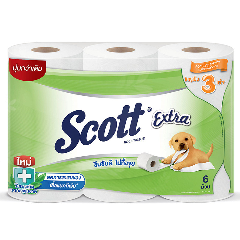 สก็อตต์เอ็กซ์ตร้ากระดาษชำระความยาวสุดพิเศษ 6ม้วน Scott Extra Roll Tissue Super Jumbo 6rolls [8850039204021 ]