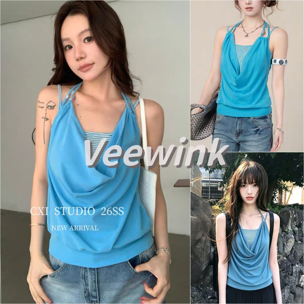 Veewink เสื้อสีฟ้าผู้ใหญ่ เสื้อสีฟ้าผู้หญิงน่ารักๆ เสื้อเกาะอกสองชั้น คอเดรป ผูกคอ สีฟ้าดีไซน์เก๋ ดีไซน์เก๋ แขนกุด
