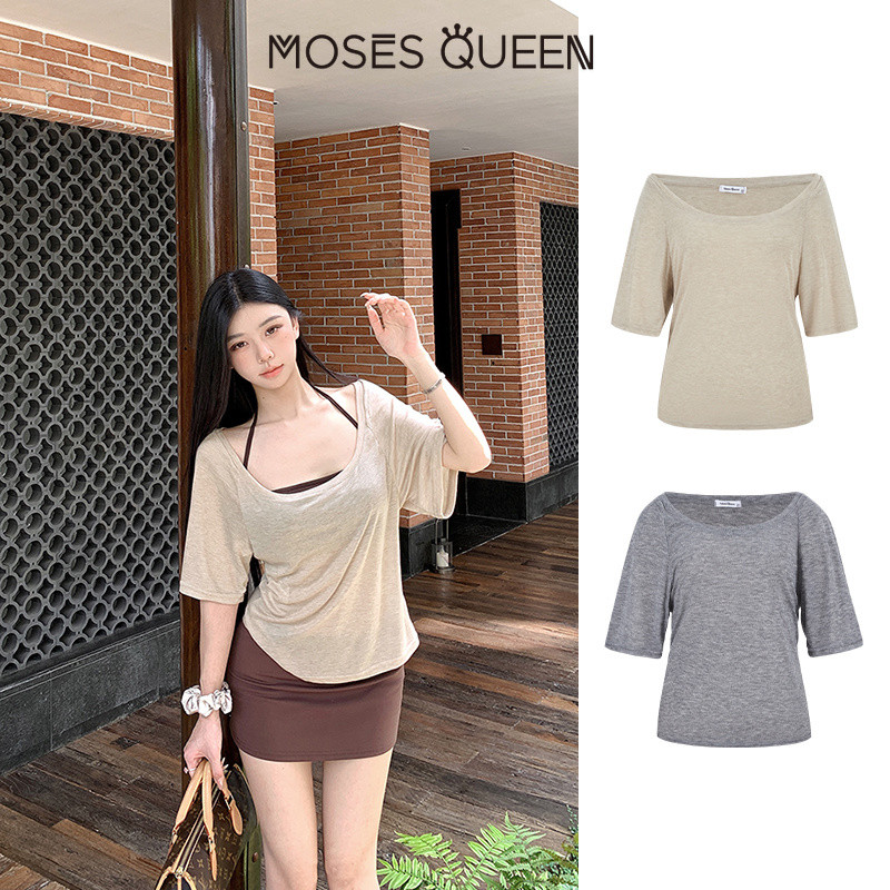 MOSESQUEEN เสื้อแขนสั้น แบบลากี้ รูปทรงใหญ่ U-Neck ใส่ได้ทุกที่ ชุดเดรสฤดูร้อนสำหรับผู้หญิง พร้อมกันแดด #63148