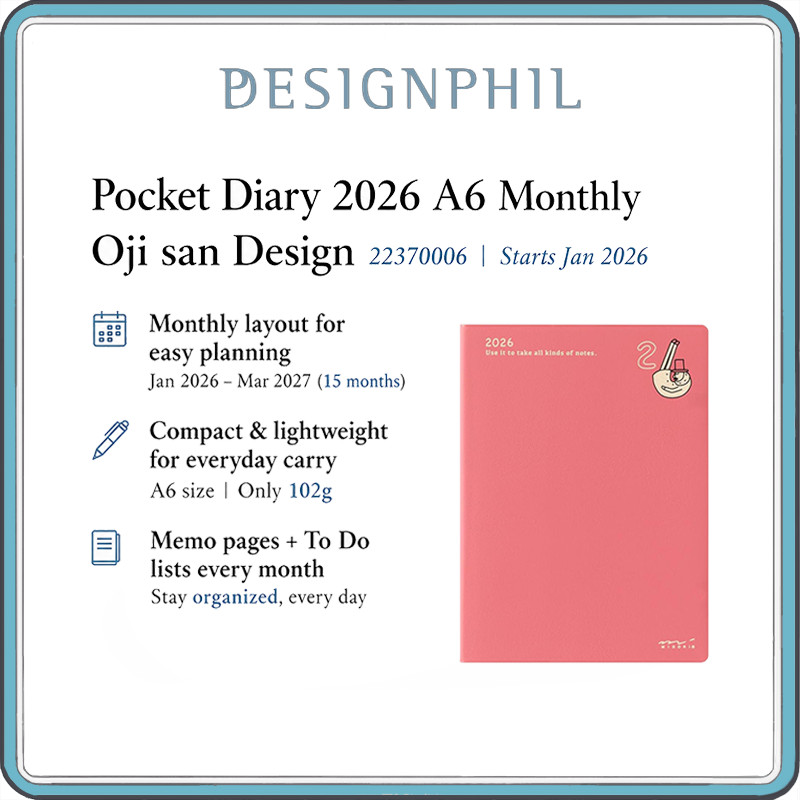 Midori Pocket Diary 2026 A6 Monthly Planner, Oji-san Edition, 15-Month (Jan 2026 – Mar 2027), Lightw
